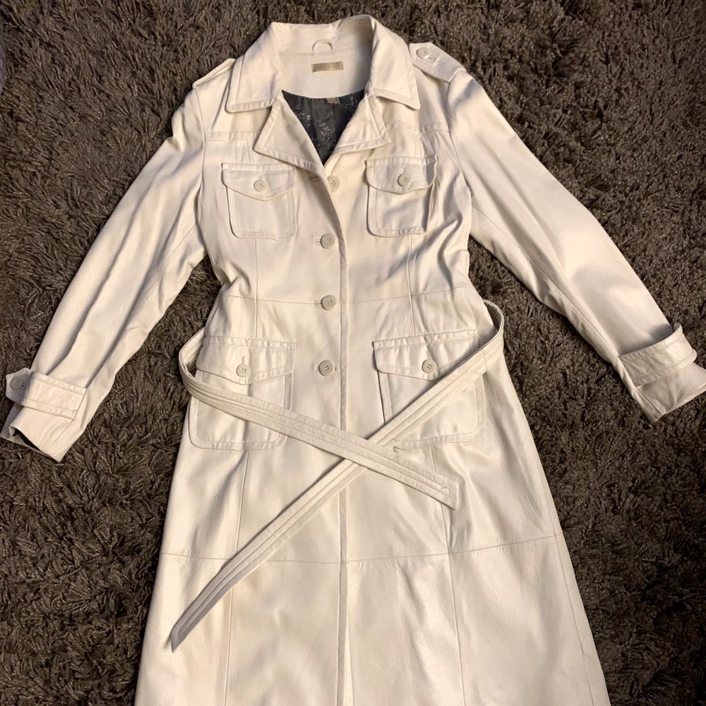 White Leather Belted Trench Coat